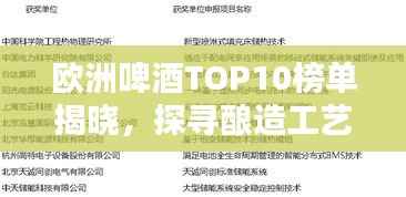 欧洲啤酒TOP10榜单揭晓，探寻酿造工艺卓越典范，领略啤酒文化魅力！